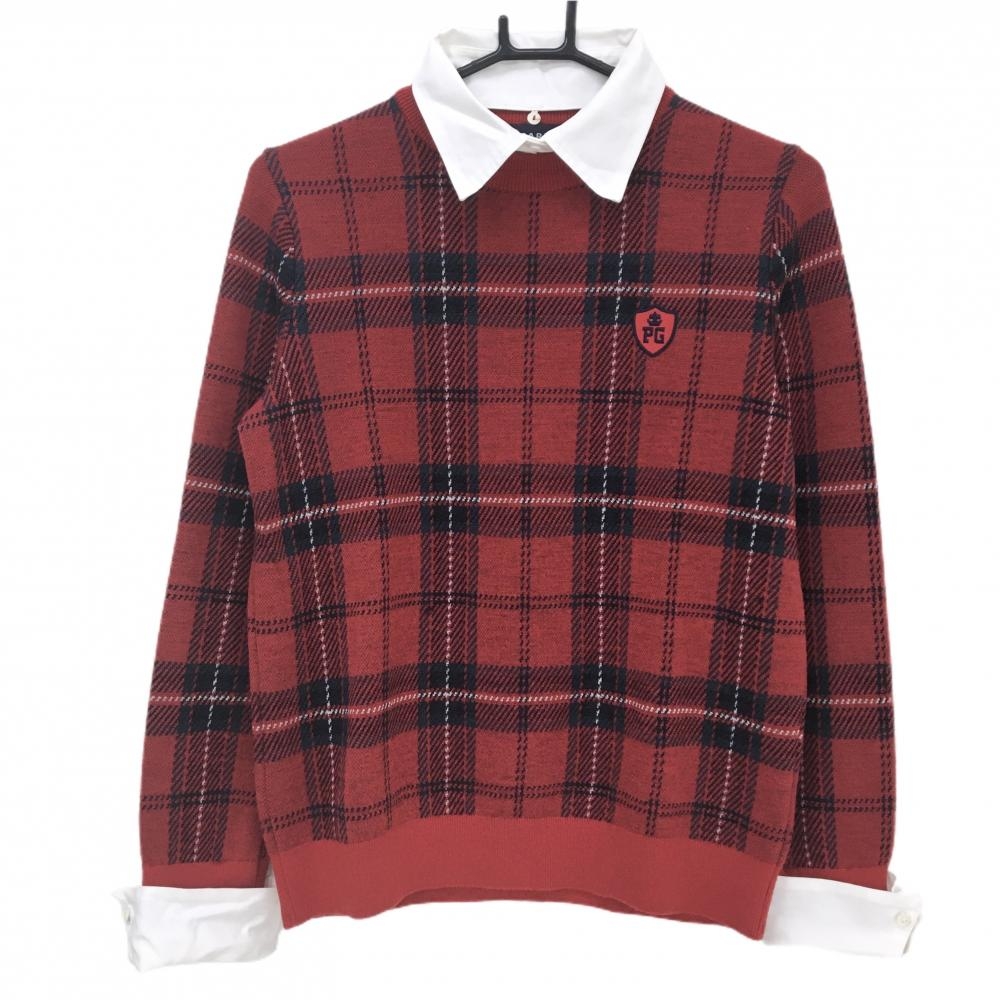 【美品】パーリーゲイツ セーター レッド×ネイビー チェック 襟・袖口着脱可 ウール100%  レディース 1(M) ゴルフウェア PEARLY GATES