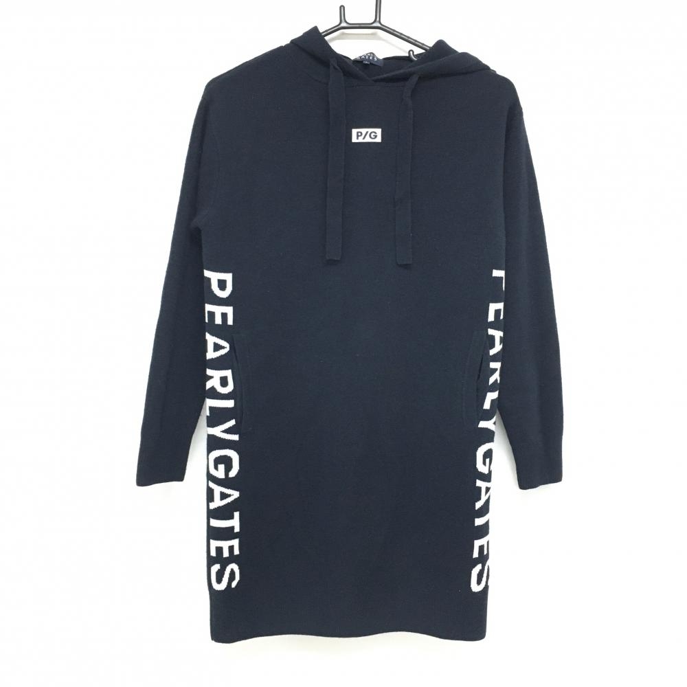 パーリーゲイツ ニットワンピース ネイビー×白 フード付 ウール混 サイドロゴ  レディース 0(S) ゴルフウェア PEARLY GATES
