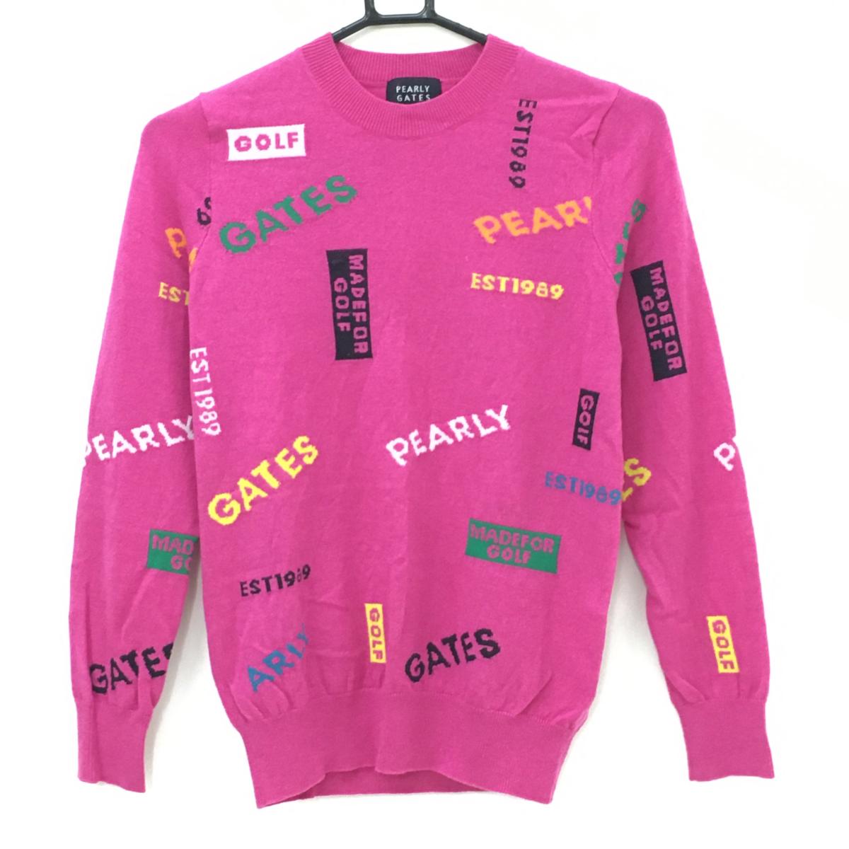 パーリーゲイツ セーター ピンク×マルチカラー ロゴ総柄 ニット カシミヤ混  レディース S ゴルフウェア PEARLY GATES