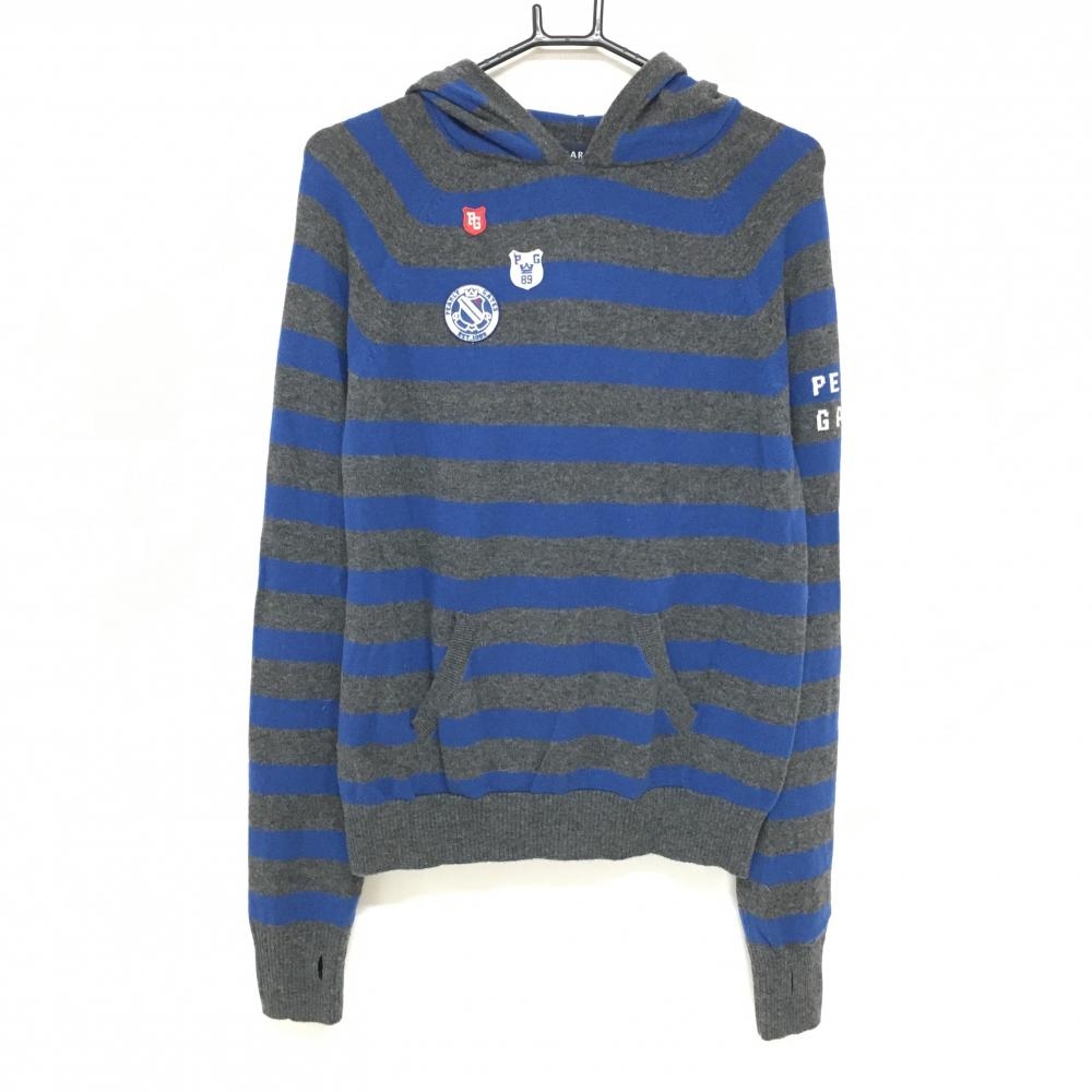 【美品】パーリーゲイツ フード付セーター グレー×ネイビー ボーダー カシミヤ混 ニット  レディース 2(L) ゴルフウェア PEARLY GATES