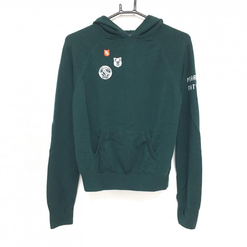 【美品】パーリーゲイツ フード付セーター グリーン 複数ワッペン カシミヤ混 ニット レディース 1(M) ゴルフウェア PEARLY GATES