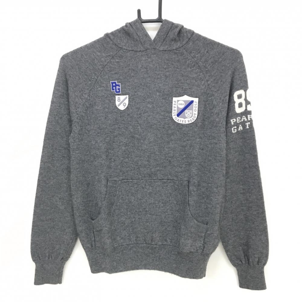 【超美品】パーリーゲイツ フード付セーター グレー 複数ワッペン カシミヤ混 ニット レディース 0(S) ゴルフウェア PEARLY GATES