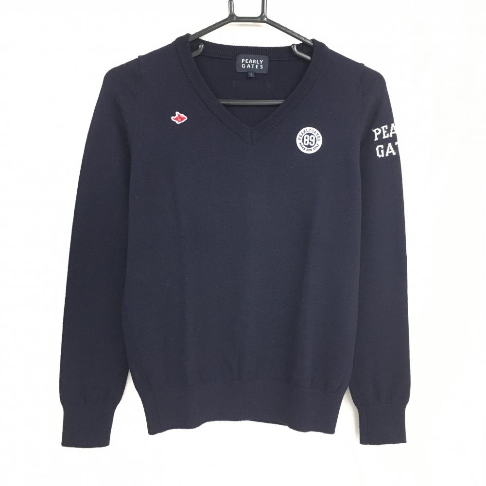 【美品】パーリーゲイツ セーター ネイビー×白 袖ロゴ Vネック ウール100％ ニット レディース 0(S) ゴルフウェア PEARLY GATES