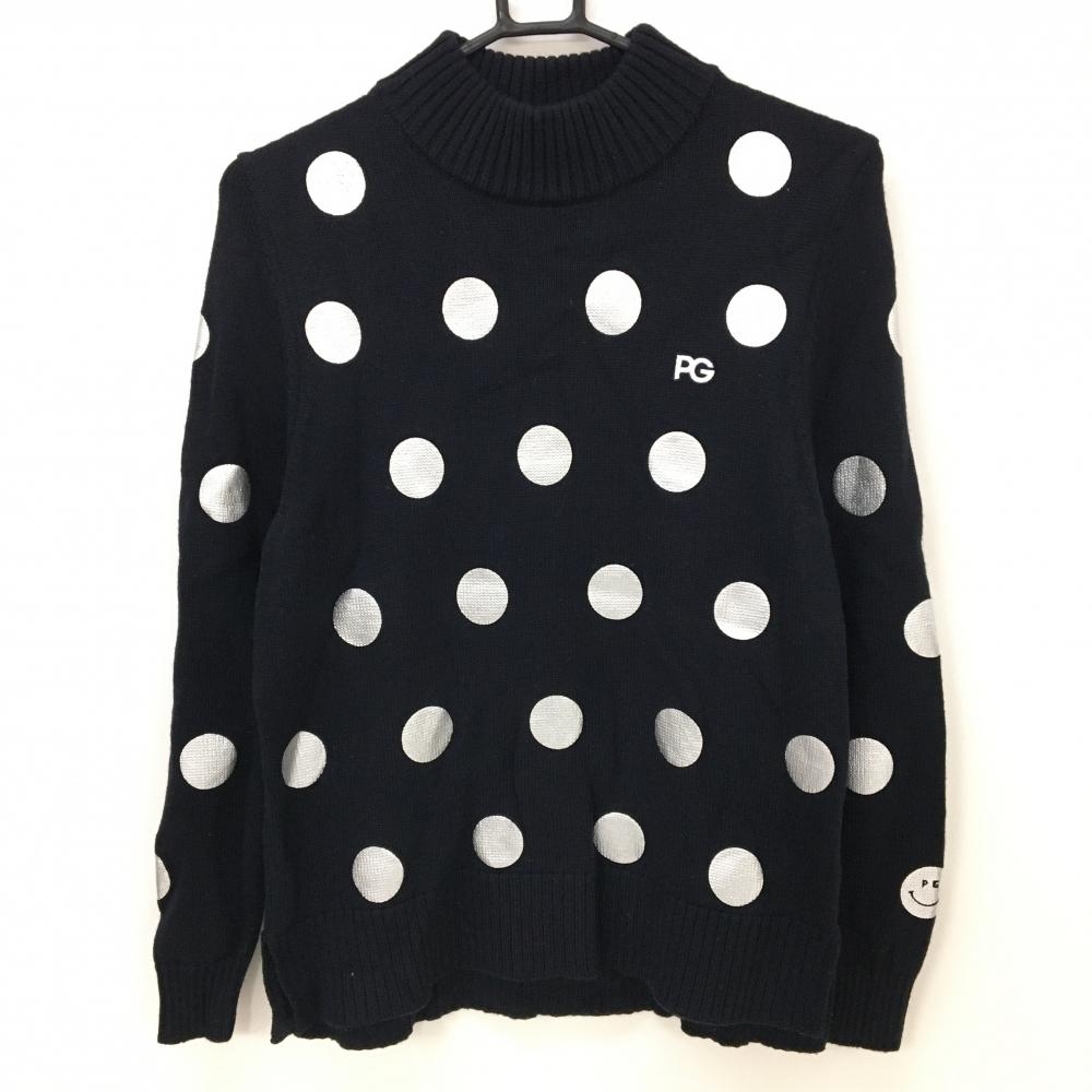 【美品】パーリーゲイツ ハイネックセーター ネイビー×シルバー ドット ウール100％ ニット レディース 0(S) ゴルフウェア PEARLY GATES