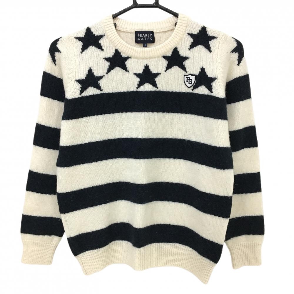 パーリーゲイツ セーター 白×ネイビー ボーダー 上星柄 ウール混 ニット  レディース 1(M) ゴルフウェア PEARLY GATES