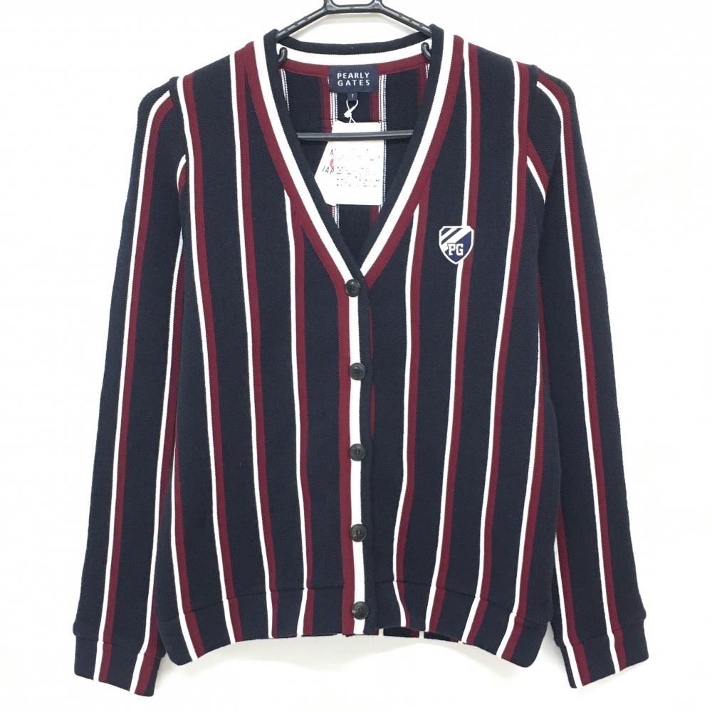 【新品】パーリーゲイツ ニットカーディガン ネイビー×ボルドー ストライプ ウール混 日本製 レディース 1(M) ゴルフウェア PEARLY GATES