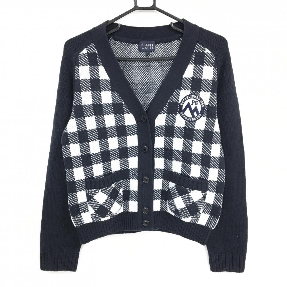 【美品】パーリーゲイツ ニットカーディガン ネイビー×白 身頃チェック ウール混 レディース 1(M) ゴルフウェア PEARLY GATES
