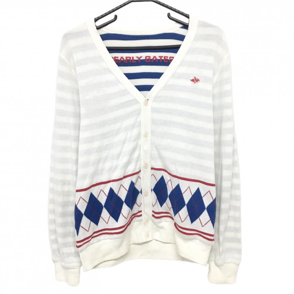 パーリーゲイツ ニットリバーシブルカーディガン 白×ブルー 腹部アーガイル柄 裏ボーダー レディース  ゴルフウェア PEARLY GATES