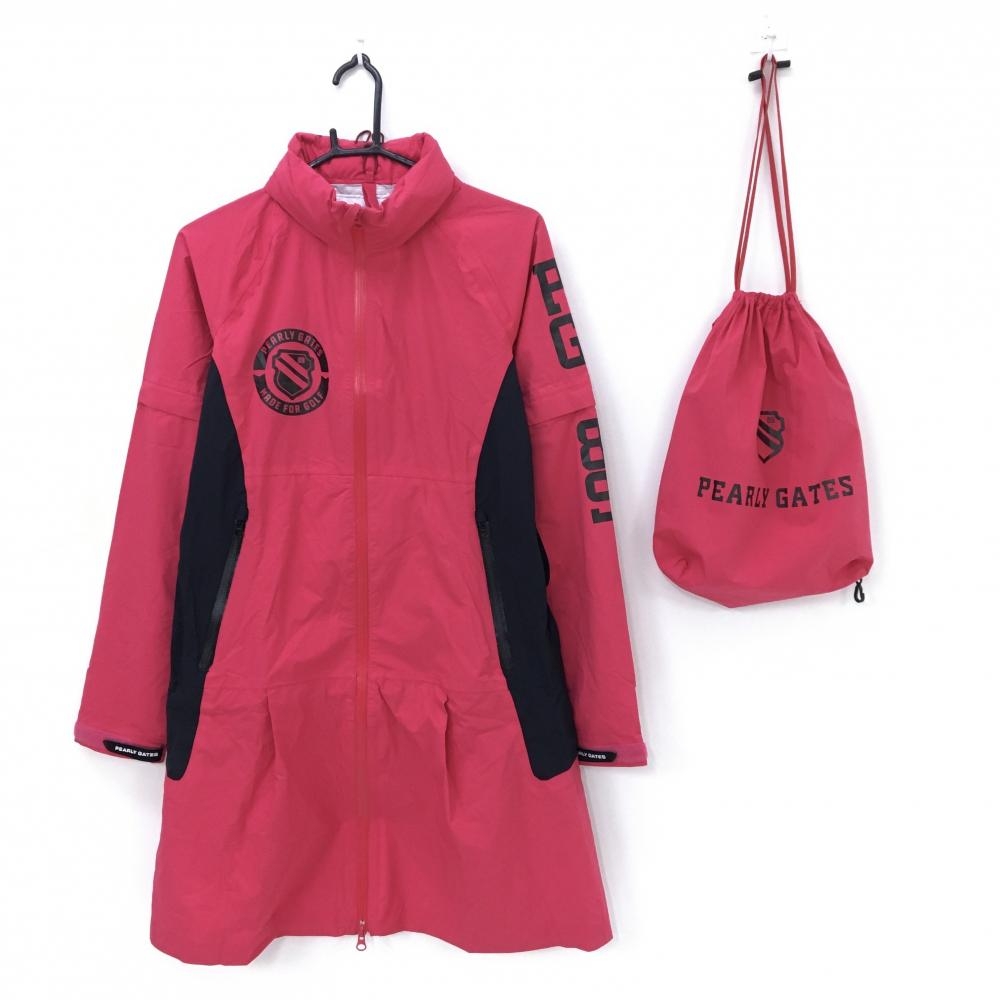 【美品】パーリーゲイツ 2WAYレインワンピース ピンク×ダークネイビー 袖着脱可 フード収納  レディース 1(M) ゴルフウェア PEARLY GATES