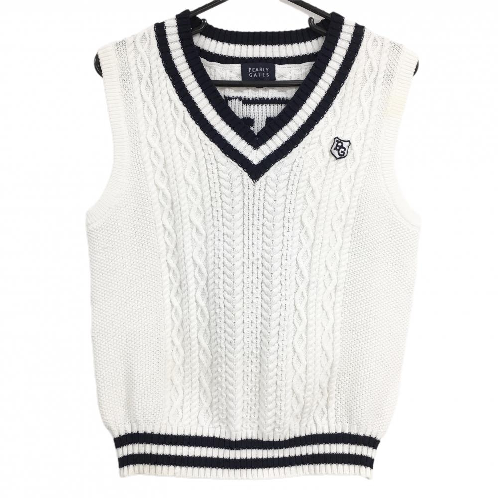 美品 PEARLY GATES ワッペン装飾 ケーブル編みウールニットセーター