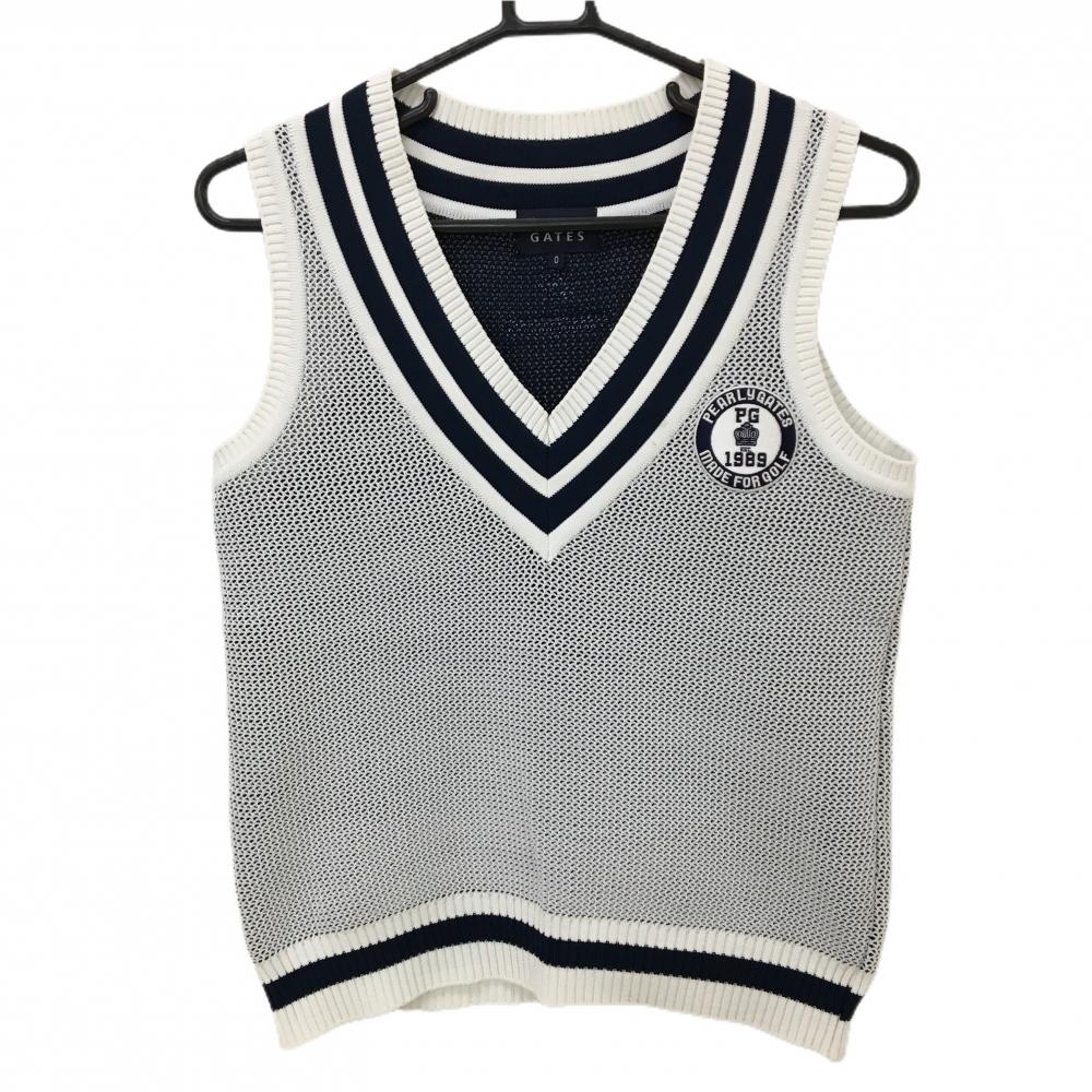 【美品】パーリーゲイツ ニットベスト 白×ネイビー Vネック レディース 0(S) ゴルフウェア PEARLY GATES