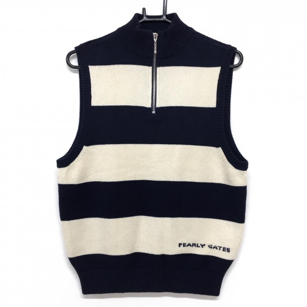 【美品】パーリーゲイツ ハイネックニットベスト アイボリー×ネイビー ボーダー ハーフジップ レディース 1(M) ゴルフウェア PEARLY GATES