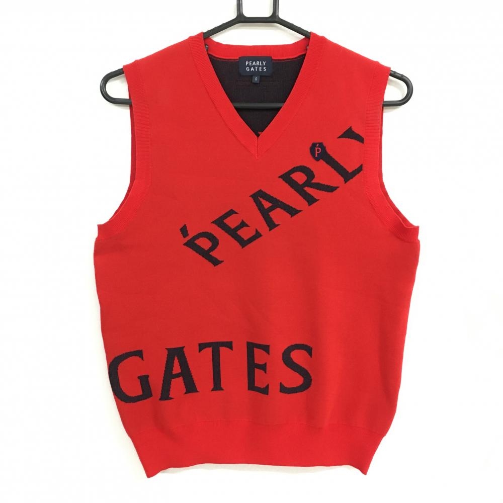 【美品】パーリーゲイツ ニットベスト レッド Vネック ロゴ レディース 0(S) ゴルフウェア PEARLY GATES