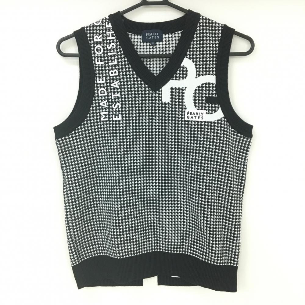 PEARLY GATES ケーブルニット Vネックベスト PG30 黒 超美品】パーリーゲイツ ニットベスト 黒×白 総柄 Vネック ロゴ