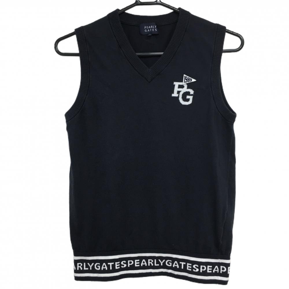パーリーゲイツ ニットベスト ネイビー×白 裾ロゴ Vネック コットン100％ レディース 1(M) ゴルフウェア PEARLY GATES
