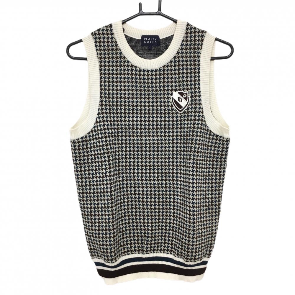【超美品】パーリーゲイツ ニットベスト 白×ボルドー 千鳥格子 ウール混 レディース 1(M) ゴルフウェア PEARLY GATES