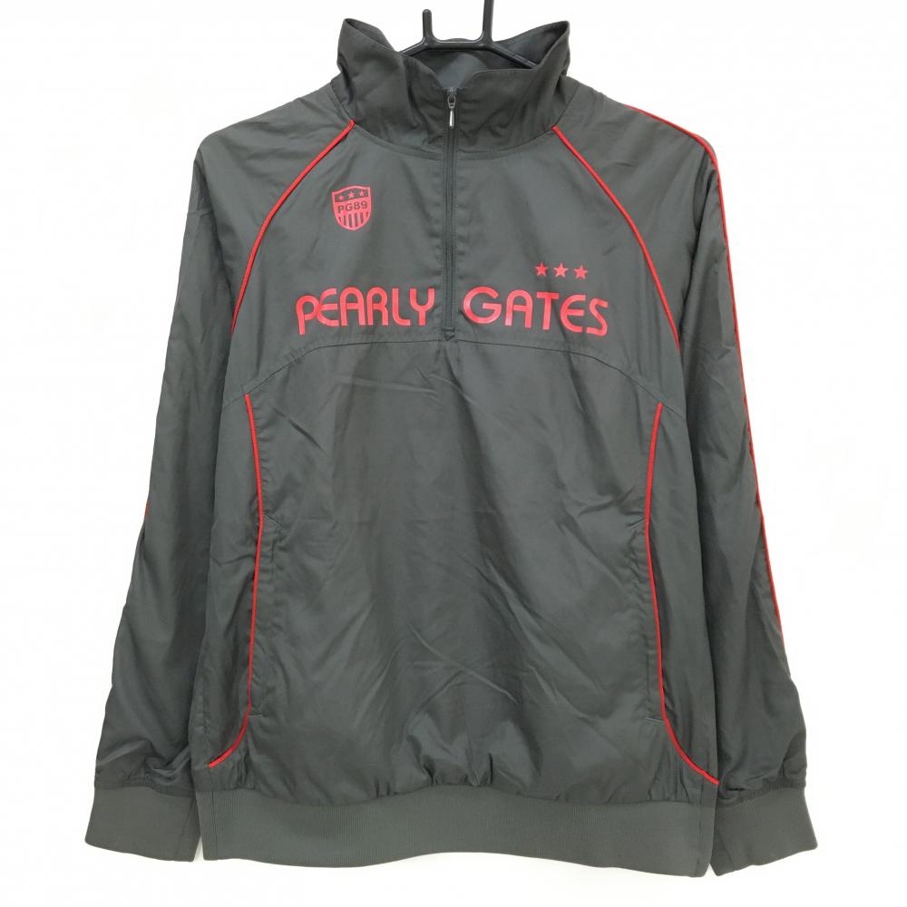 【美品】パーリーゲイツ ブルゾン カーキ×レッド ハーフジップ 蓄熱裏地 ロゴ レディース 2(L) ゴルフウェア PEARLY GATES