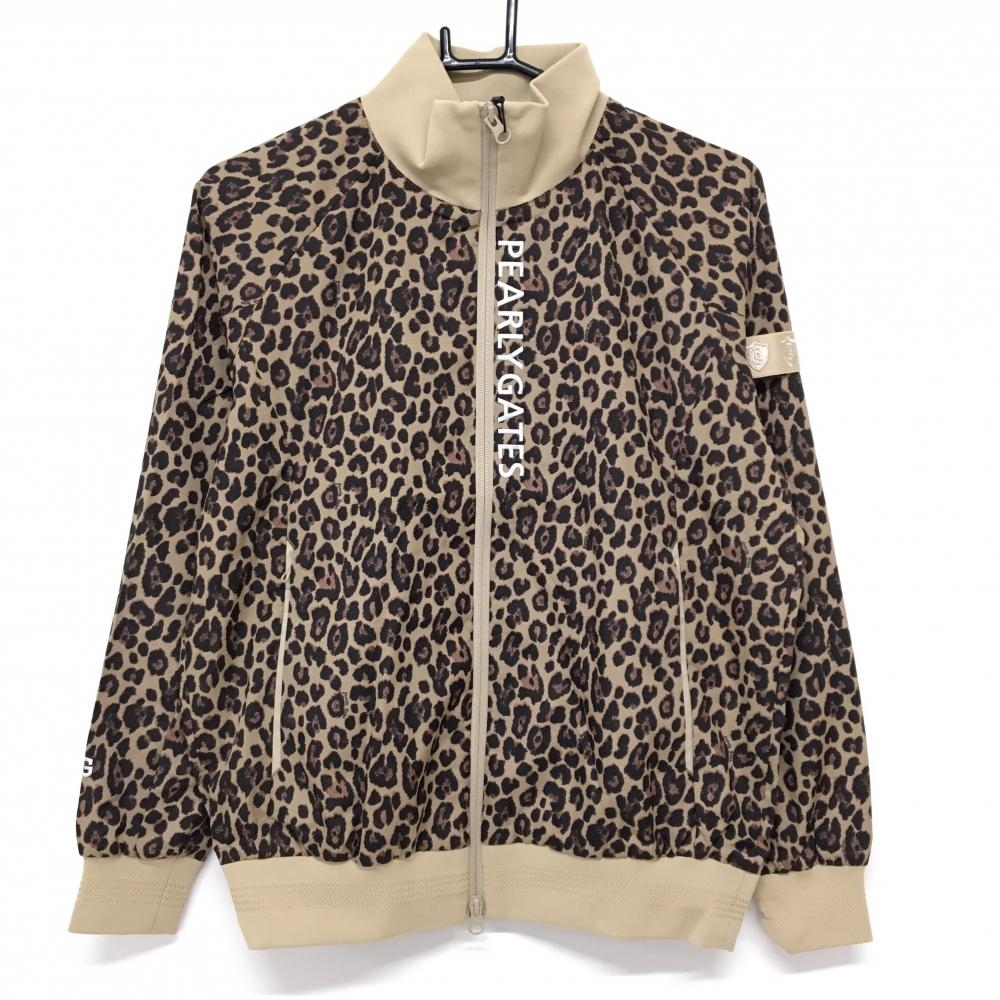 【新品】パーリーゲイツ ジャケットブルゾン ベージュ×ダークブラウン レオパード柄 ロゴ白  レディース 1(M) ゴルフウェア PEARLY GATES