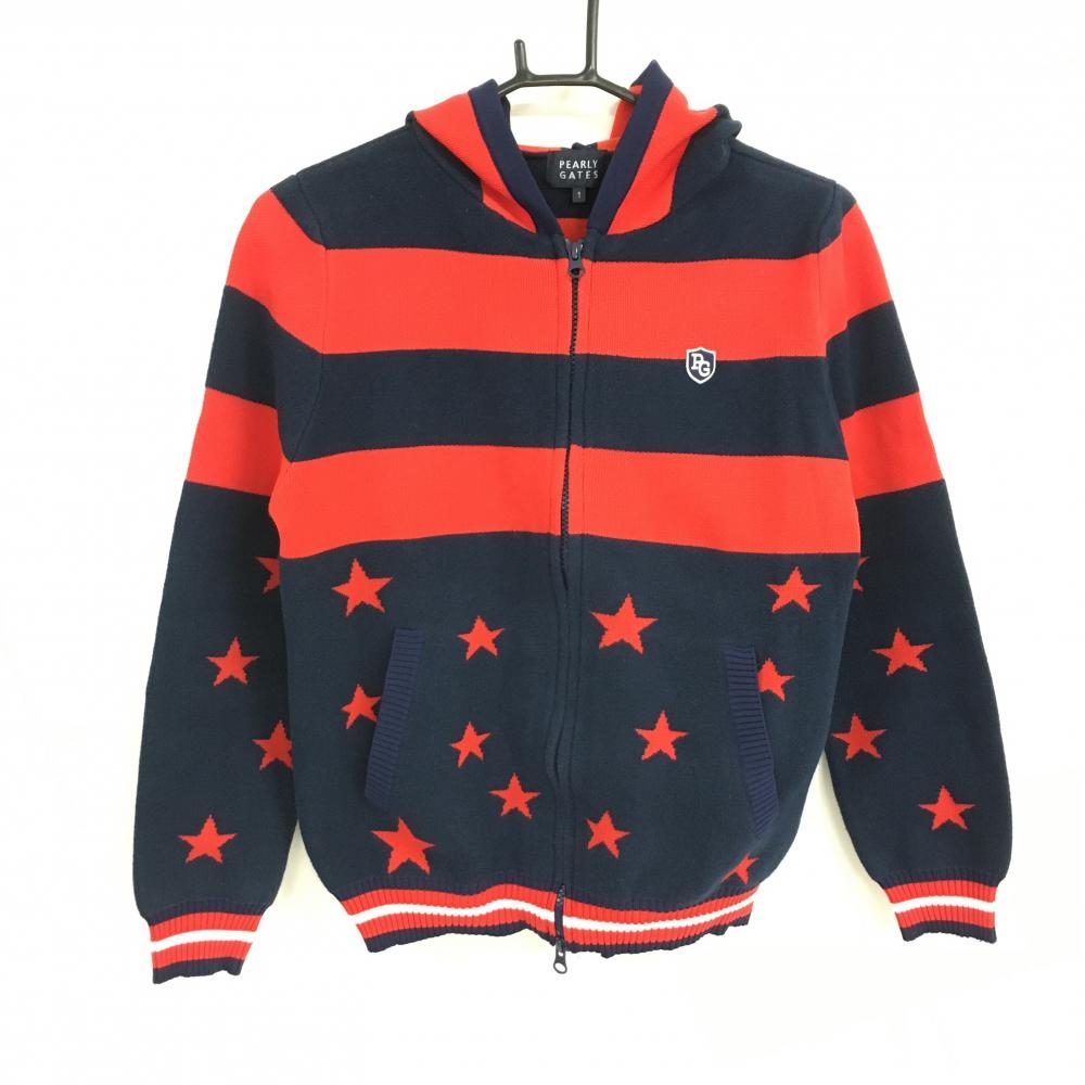 【美品】パーリーゲイツ ニットジップパーカー ネイビー×レッド ボーダー 星柄 レディース 1(M) ゴルフウェア PEARLY GATES