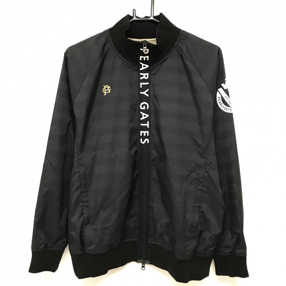 【美品】パーリーゲイツ ジャケットブルゾン 黒 蓄熱裏地 ボーダー地模様 ジップロゴ レディース 2(L) ゴルフウェア PEARLY GATES