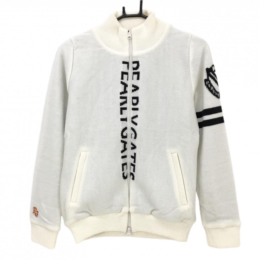 【新品】パーリーゲイツ ニットジャケット 白×黒 ジップロゴライン 裏地付き ウール混 レディース 1(M) ゴルフウェア PEARLY GATES