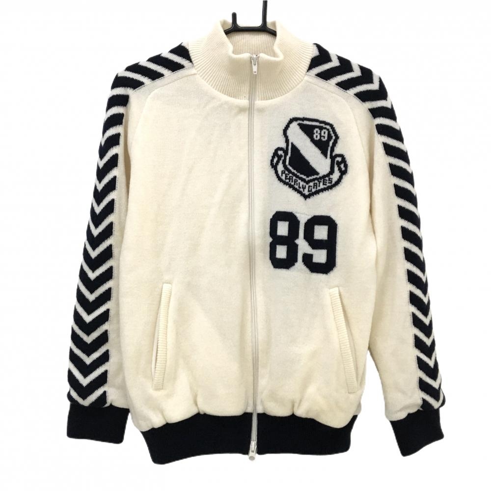 【超美品】パーリーゲイツ ニットジャケット 白×ダークネイビー 袖ライン 裏地メッシュ  レディース 1(M) ゴルフウェア PEARLY GATES