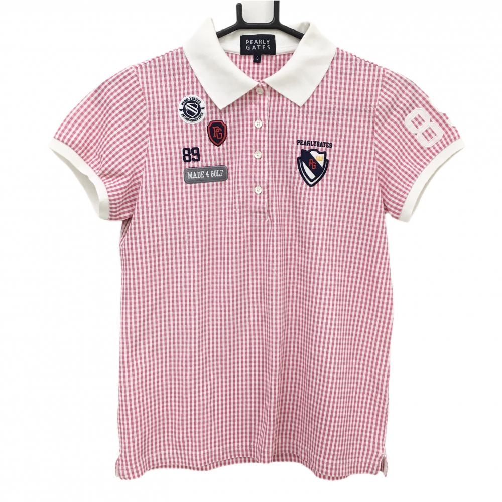 超美品】パーリーゲイツ 半袖ポロシャツ ピンク 織生地 前立てロゴ