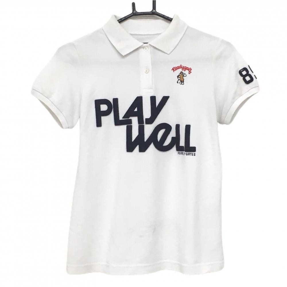 パーリーゲイツ 半袖ポロシャツ 白×ネイビー フロントロゴ レディース 0(S) ゴルフウェア PEARLY GATES
