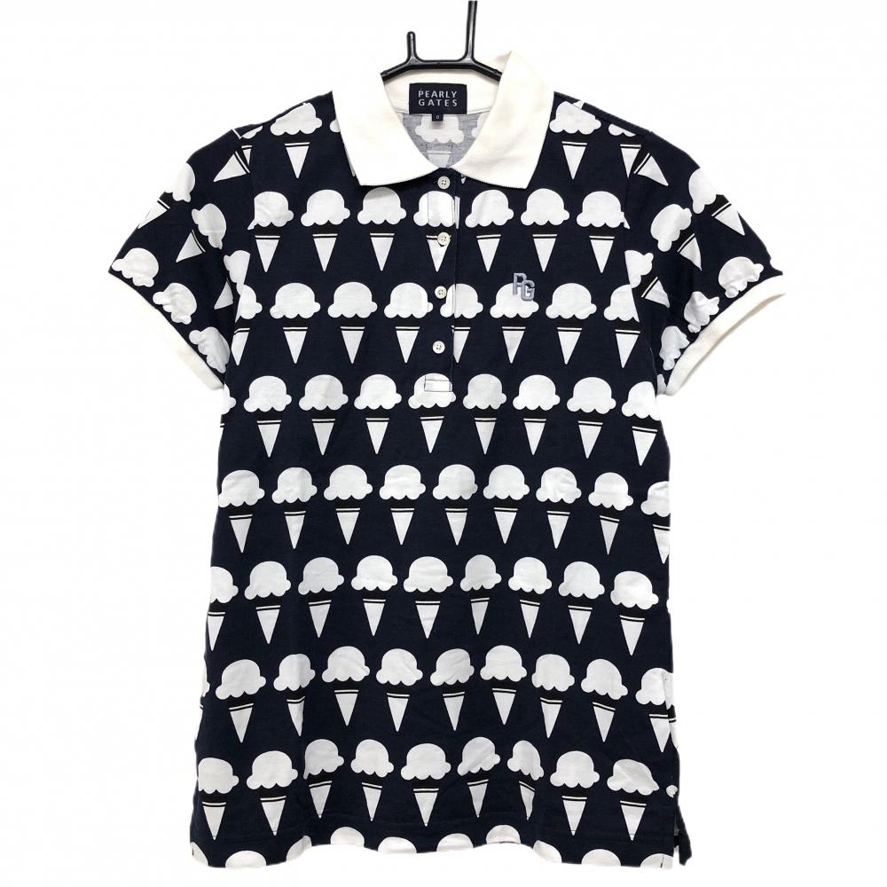 【美品】PEARLY GATES ポロシャツ 千鳥柄 サイズ0 パーリーゲイツ 半袖ポロシャツ グレー×黒 総柄 千鳥格子 レディース 0