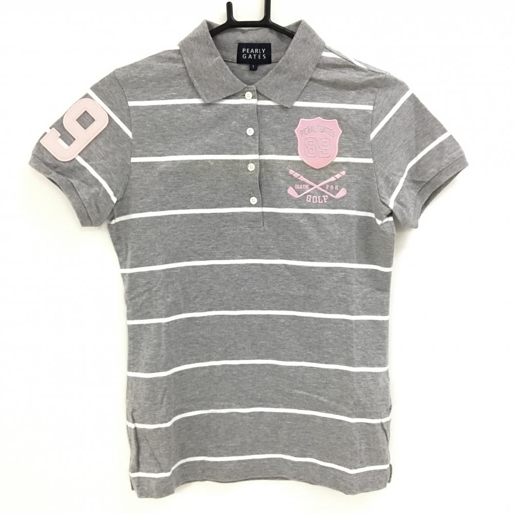 パーリーゲイツ 半袖ポロシャツ 杢グレー×白 ボーダー ワッペン レディース 1(M) ゴルフウェア PEARLY GATES