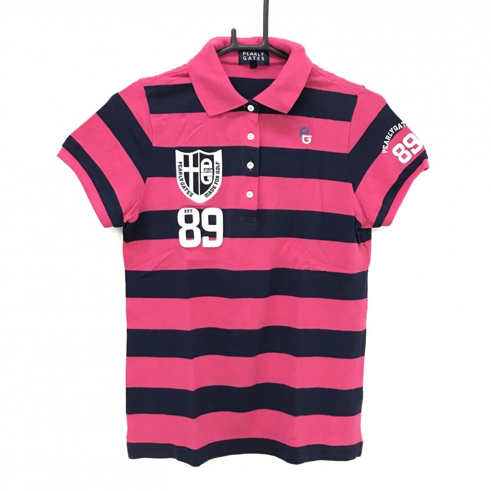 【美品】パーリーゲイツ 半袖ポロシャツ ピンク×ネイビー ボーダー ニコちゃん スマイル  レディース 1(M) ゴルフウェア PEARLY GATES