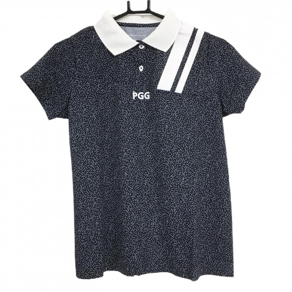 【新品】PGGパーリーゲイツ 半袖ポロシャツ ネイビー×白 総柄 ロゴプリント レディース 0(S) ゴルフウェア PEARLY GATES