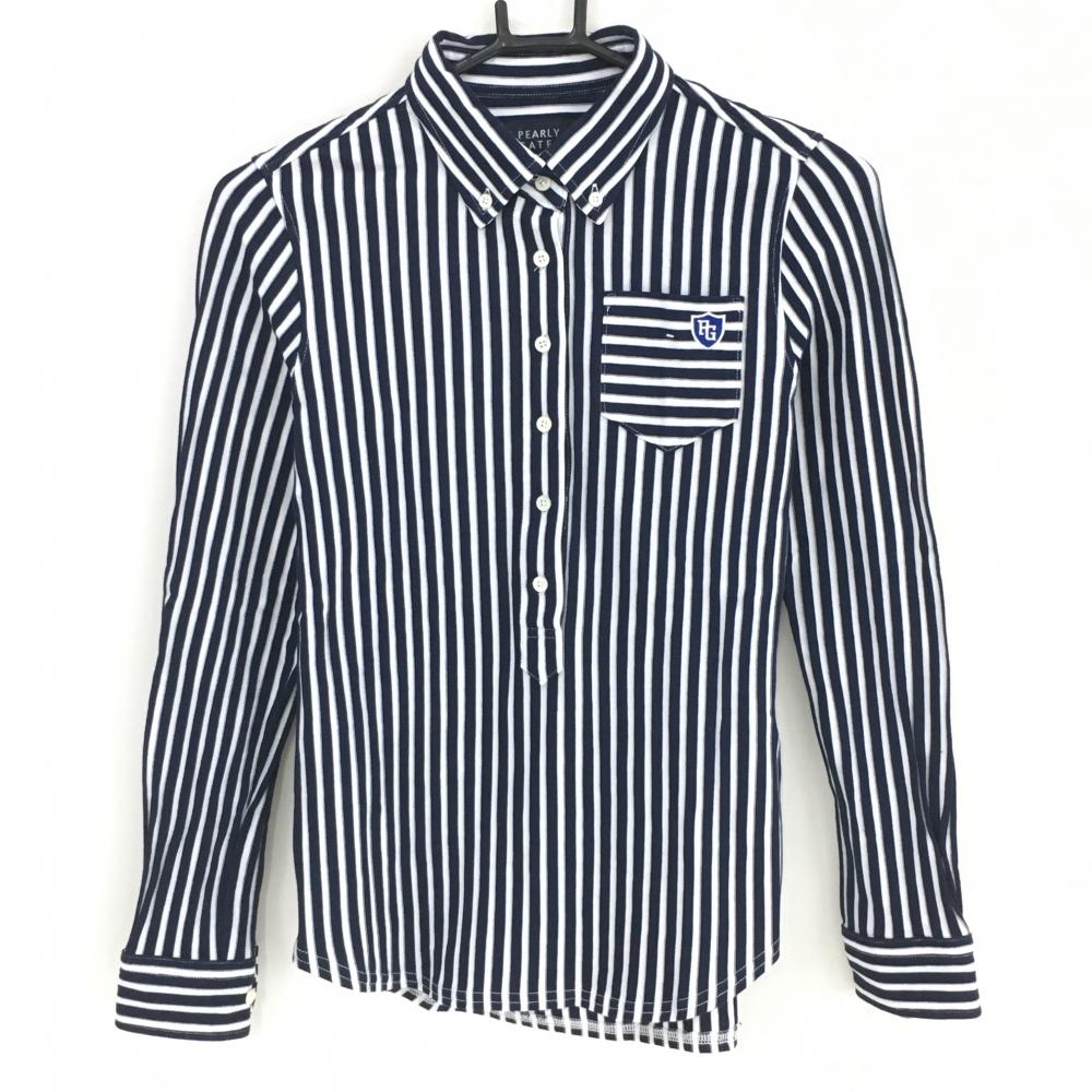【美品】パーリーゲイツ 長袖ポロシャツ ネイビー×白 ストライプ ボタンダウン  レディース 0(S) ゴルフウェア PEARLY GATES