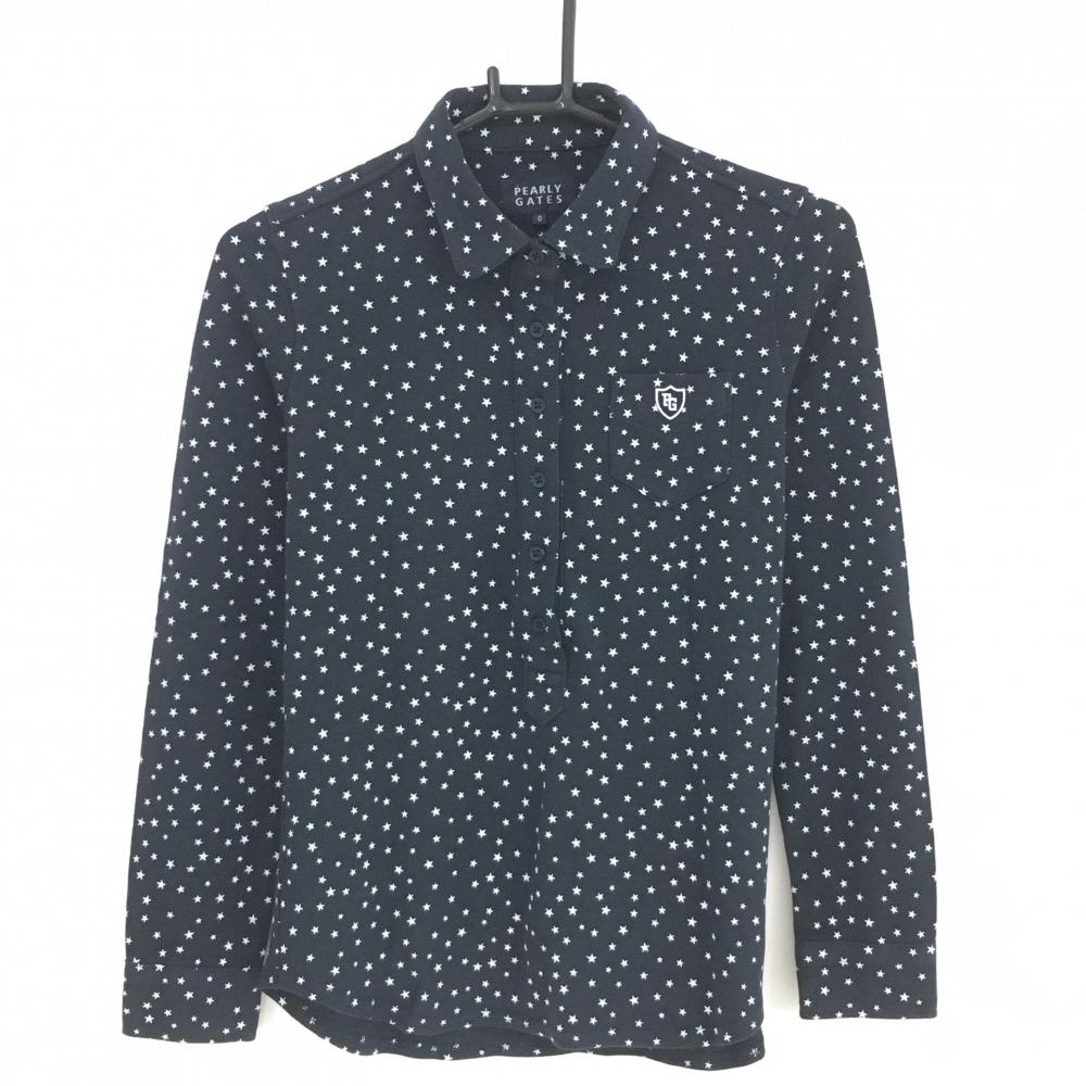 パーリーゲイツ 長袖ポロシャツ ネイビー×白 星総柄  レディース 0(S) ゴルフウェア PEARLY GATES