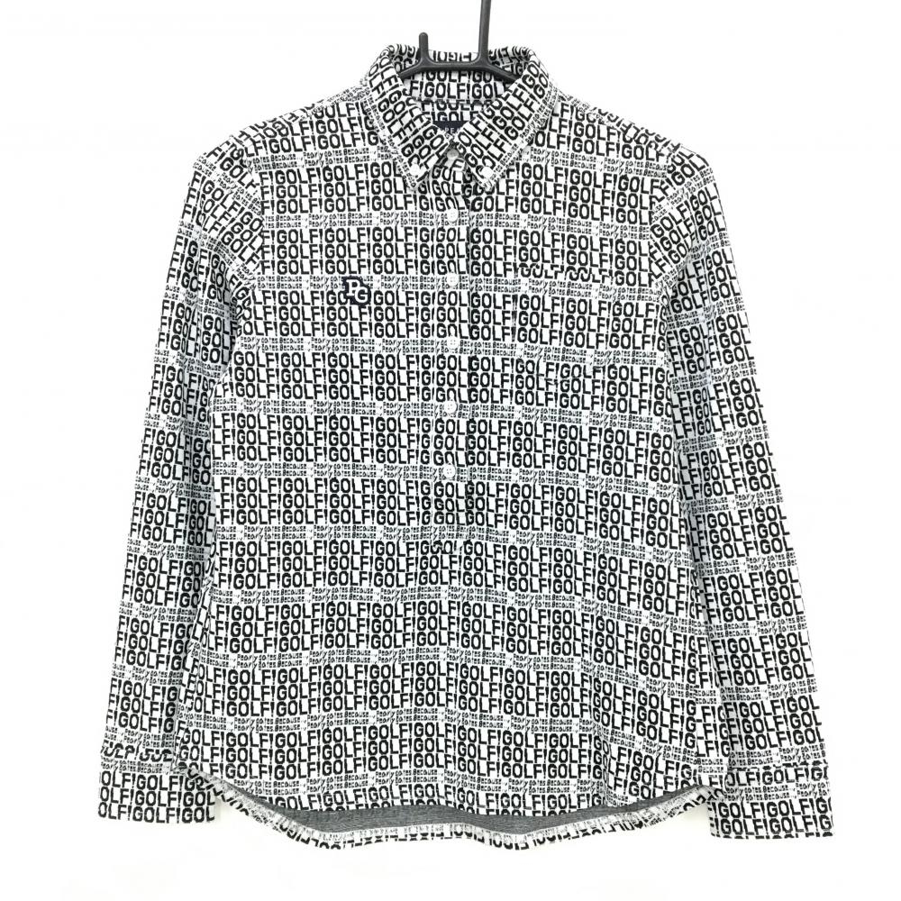 【超美品】パーリーゲイツ 長袖ポロシャツ 白×ダークネイビー系 英字総柄 ボタンダウン レディース 0(S) ゴルフウェア PEARLY GATES