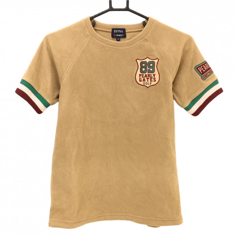【超美品】パーリーゲイツ Tシャツ ライトブラウン×グリーン×ワインレッド系 フリース生地 レディース 0(S) ゴルフウェア PEARLY GATES