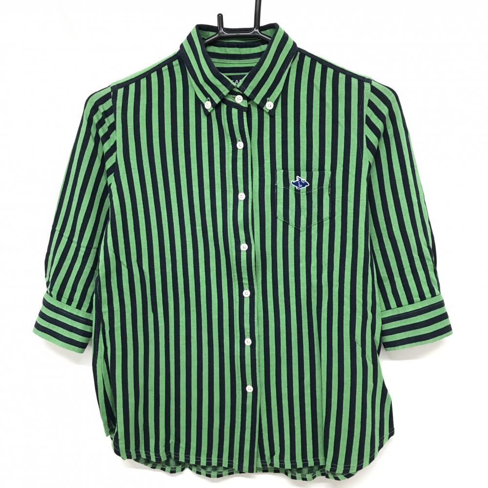 【美品】パーリーゲイツ 五分袖シャツ ライトグリーン×ネイビー ストライプ ボタンダウン レディース 1(M) ゴルフウェア PEARLY GATES