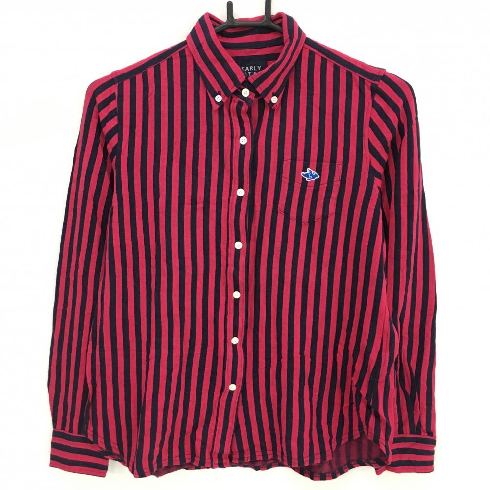 【美品】パーリーゲイツ 長袖シャツ ピンク×ネイビー ストライプ ボタンダウン レディース 1(M) ゴルフウェア PEARLY GATES