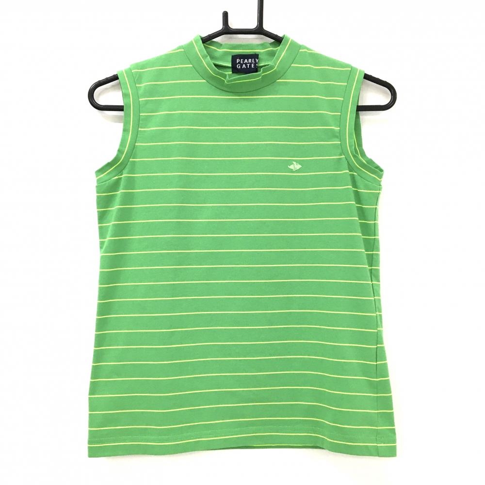 【超美品】パーリーゲイツ ノースリーブハイネックシャツ グリーン×イエロー 細ボーダー レディース 0(S) ゴルフウェア PEARLY GATES