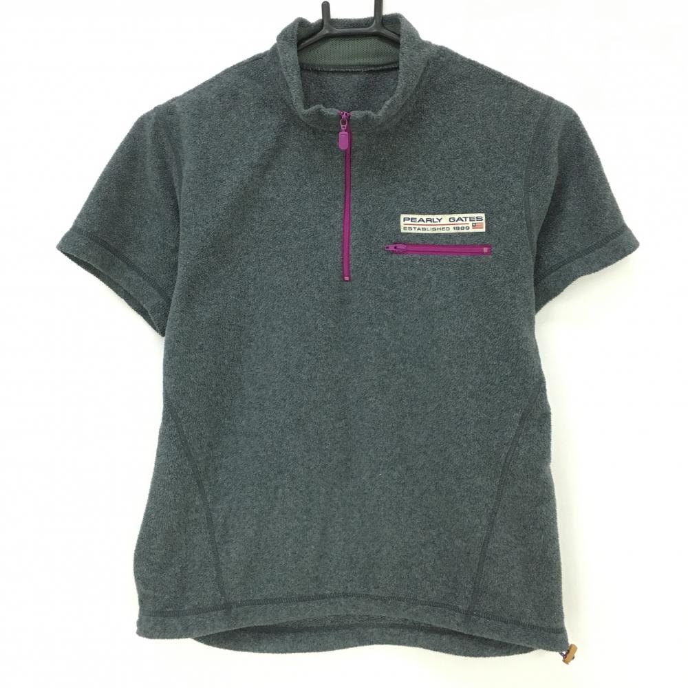 パーリーゲイツ 半袖ハイネックシャツ グレー系×パープル 起毛 ハーフジップ 胸ロゴ レディース 1(M) ゴルフウェア PEARLY GATES