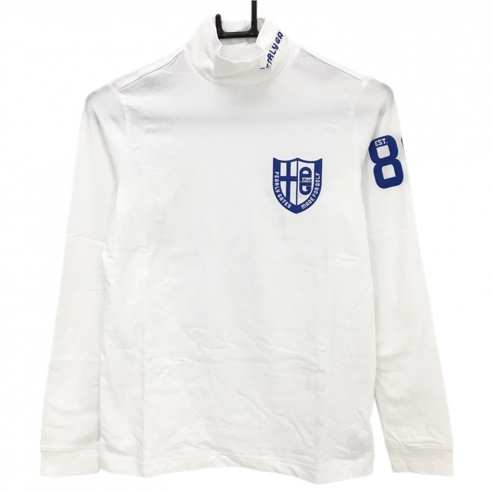 【新品】パーリーゲイツ 長袖ハイネックシャツ 白×ブルー ロゴプリント 日本製 レディース 1(M) ゴルフウェア PEARLY GATES