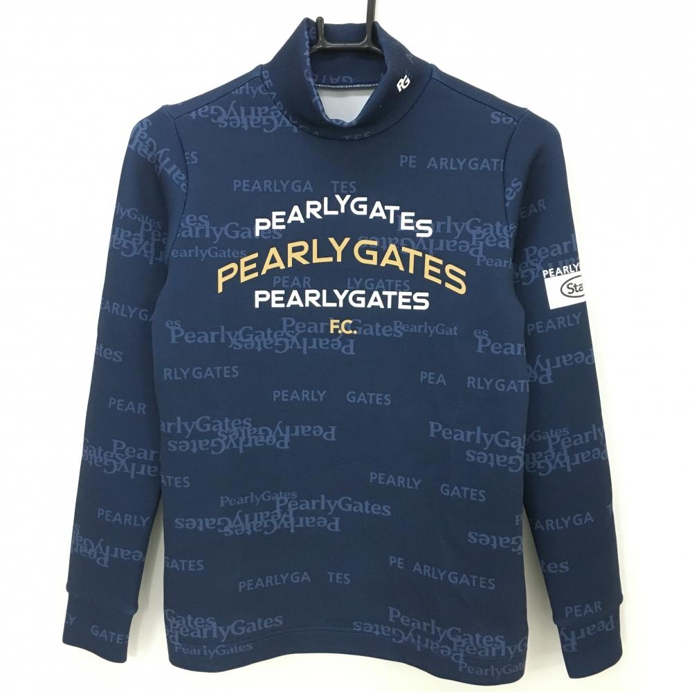 【美品】パーリーゲイツ 長袖ハイネックシャツ ネイビー系 英字ロゴ総柄 レディース 0(S) ゴルフウェア PEARLY GATES