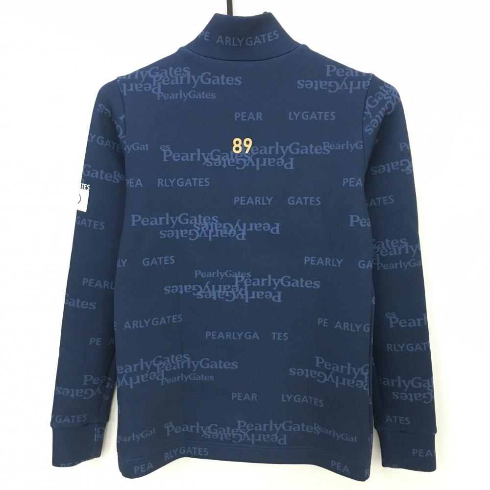 美品】パーリーゲイツ 長袖ハイネックシャツ ネイビー系 英字ロゴ総柄