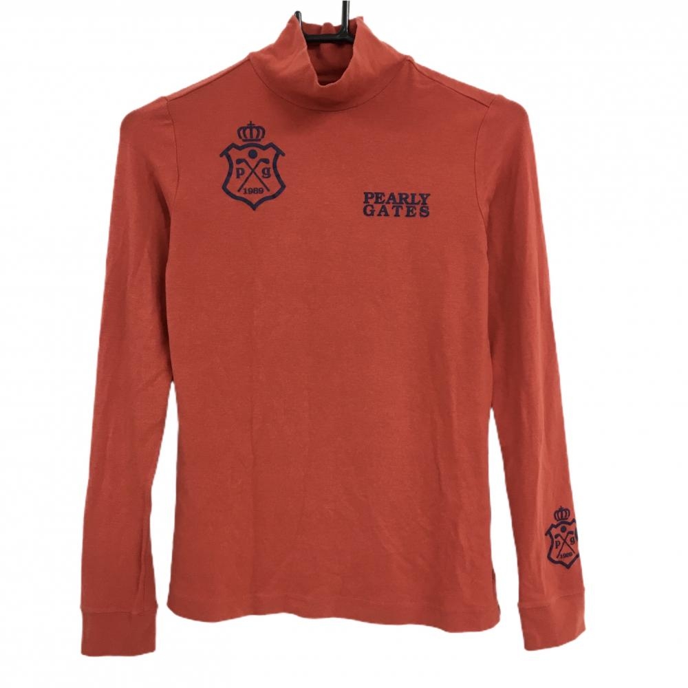 パーリーゲイツ 長袖ハイネックシャツ オレンジレッド系×ネイビー 微