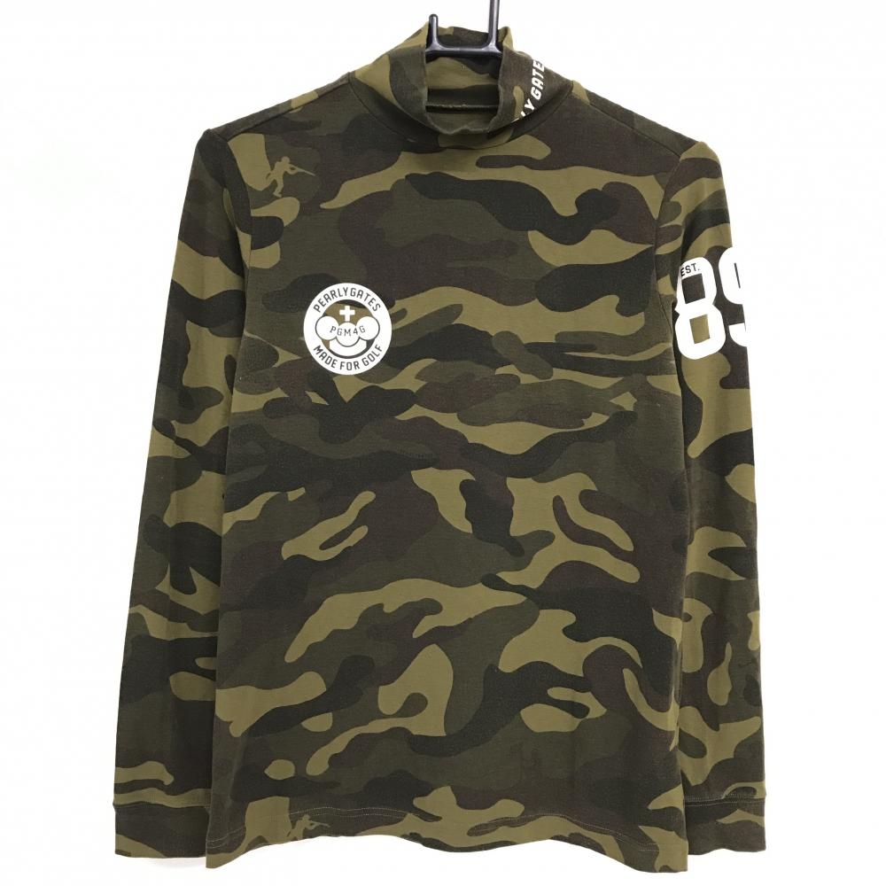 パーリーゲイツ 長袖ハイネックシャツ ブラウン×カーキ カモフラ柄 迷彩 ストレッチ レディース 1(M) ゴルフウェア PEARLY GATES