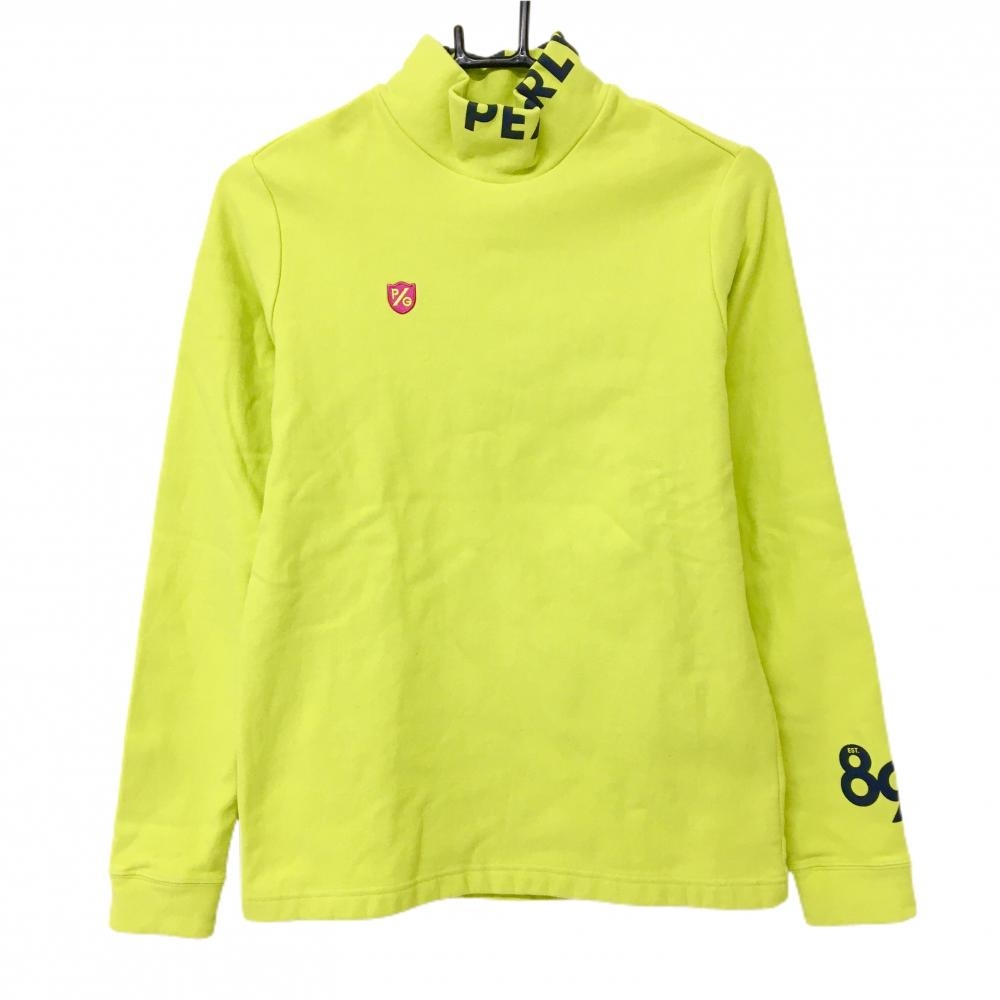 【美品】パーリーゲイツ 長袖ハイネックシャツ イエロー×ネイビー ネックロゴ 裏起毛 レディース 1(M) ゴルフウェア PEARLY GATES