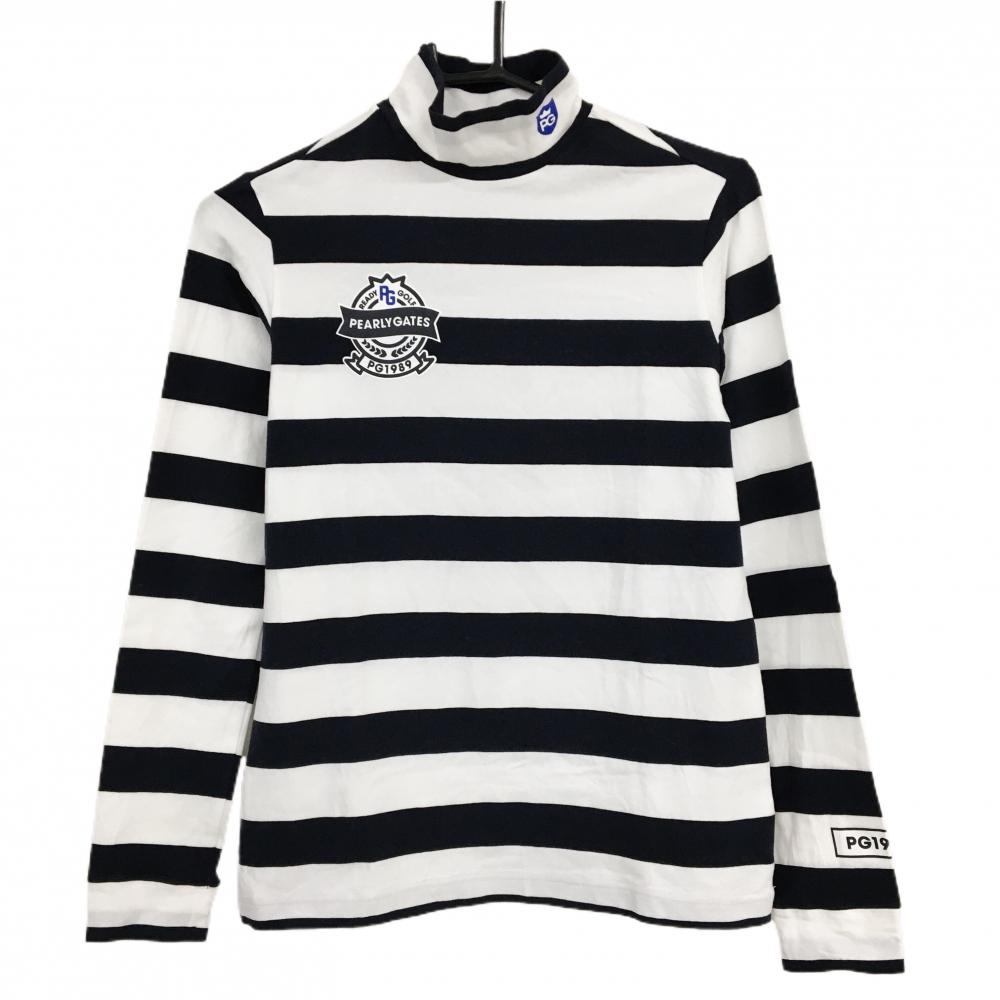 【美品】パーリーゲイツ 長袖ハイネックシャツ 白×ネイビー ボーダー ロゴプリント  レディース 1(M) ゴルフウェア PEARLY GATES