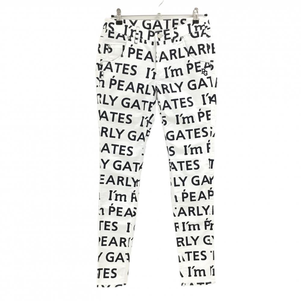 【美品】パーリーゲイツ パンツ 白×ネイビー ロゴ総柄 内側30周年 ストレッチ レディース 2(L) ゴルフウェア PEARLY GATES