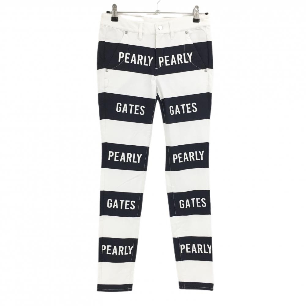 【美品】パーリーゲイツ パンツ 白×ネイビー ボーダー ロゴ ストレッチ レディース 0(S) ゴルフウェア PEARLY GATES
