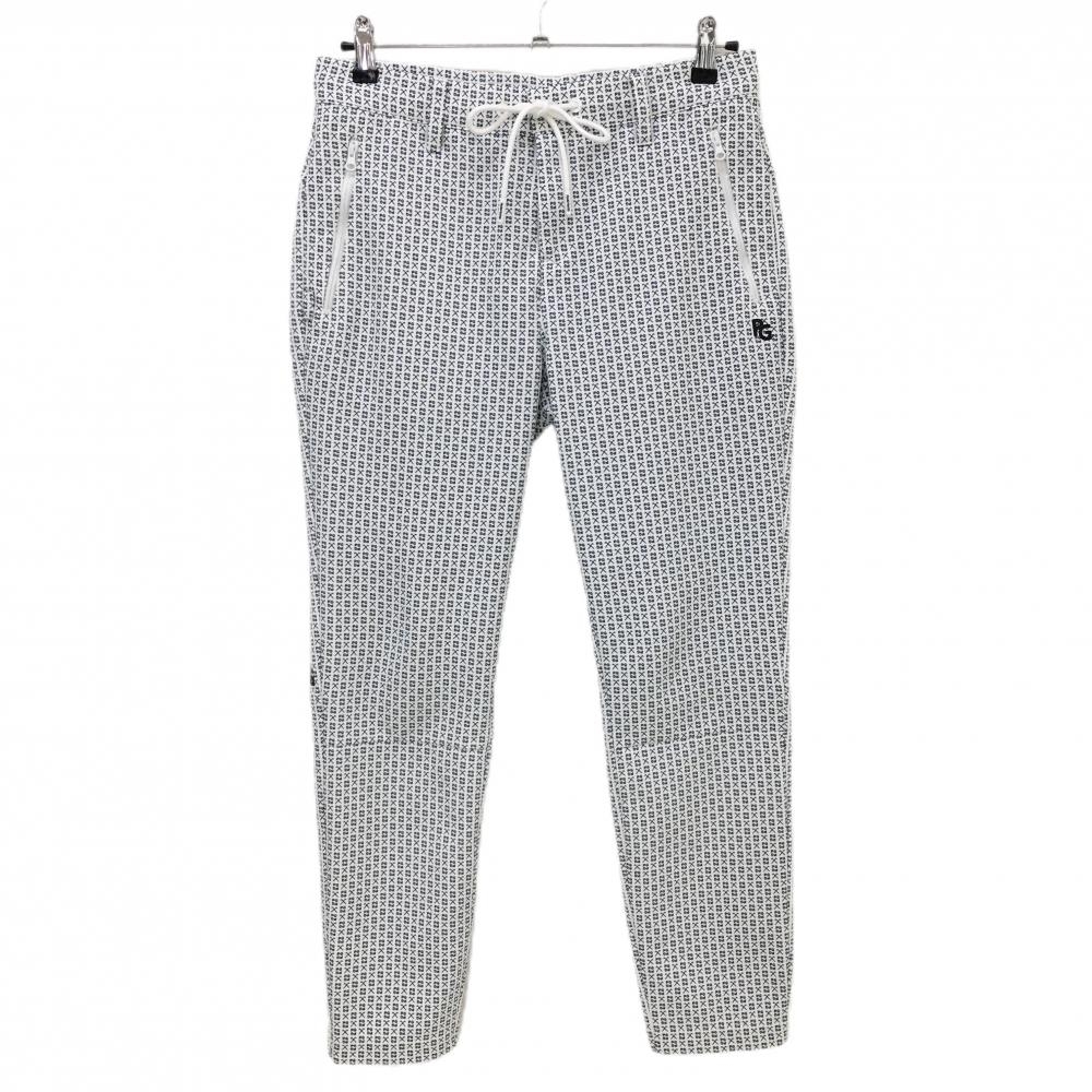【美品】パーリーゲイツ パンツ 白×ネイビー ロゴ総柄 ウエスト調節紐付 ジップポケット  レディース 2(L) ゴルフウェア PEARLY GATES
